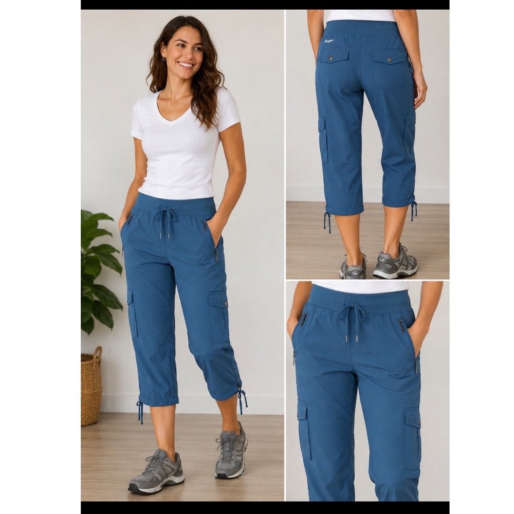 Soothfeel Womens‎ Cargo Capri Pants Blue Hiking Athletic Crop Drawstring Size M